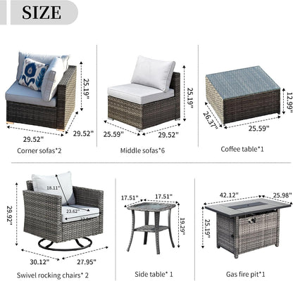13 Piece Patio Sectional Furniture Set with Fire Pit Table,Modern Wicker Outdoor Conversation Sofa Sets,All Weather Modular L Shaped outside Couch Swivel Chair Set(Light Grey)7