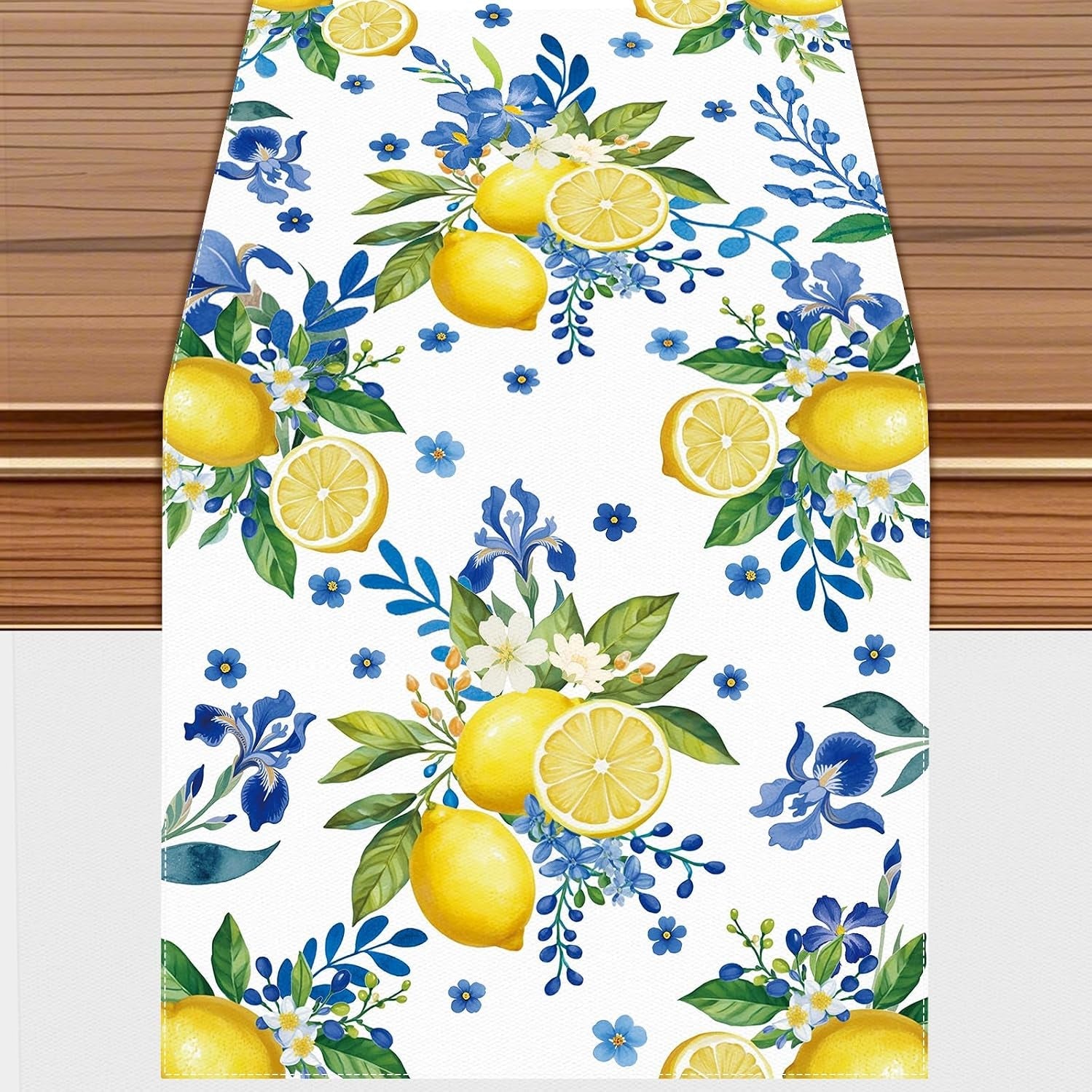 lemon-and-blue-floral-table-runner-72-x-13-inches-white-summer-spring