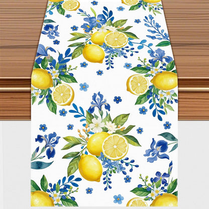 Lemon and Blue Floral Table Runner, 72 X 13 Inches, White, Summer Spring1