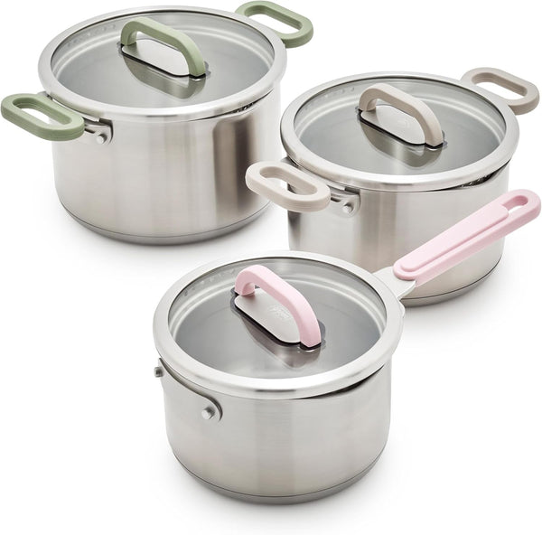 BK Twisting by  Stainless Steel 6 Piece Locking Lid Cookware Set, Built in Strainer, Induction Pots & Pans, Drip-Free Pour Spouts, Silicone Handles, Saucepan, Stock Pot, Dishwasher Safe1