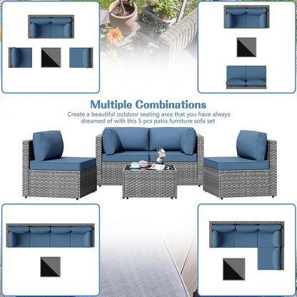 Patio Furniture Sets, 5 Piece Outdoor Sectional Sofas, Wicker Rattan Outdoor Furniture Patio Conversation Set, All-Weather PE Rattan Outdoor Couch for Backyard, Garden, Gray & Aegean Blue5