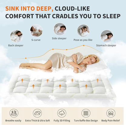 Full Size Cooling Bamboo Mattress Topper with Deep Pockets | Soft Viscose, Stretchable Pockets, Cooling Pillow Top Relieves Back Pain. Breathable for Hot Sleepers2