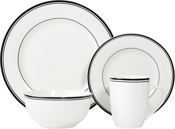 16-Piece Cafe Stripe Dinnerware Set, Microwave and Dishwasher Safe, Plates, Bowls, Mugs, Service for 4, Black2