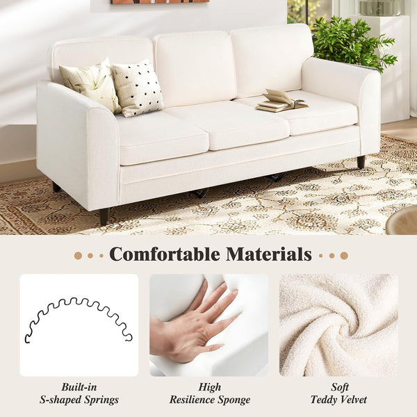 3 Seater Couch - 79” Mid Century Modern Upholstered Sofa with Armrests, Sturdy Legs, Teddy Fleece Comfy Couches for Living Room, Bedroom, Small Space, Apartment and Office (White)6