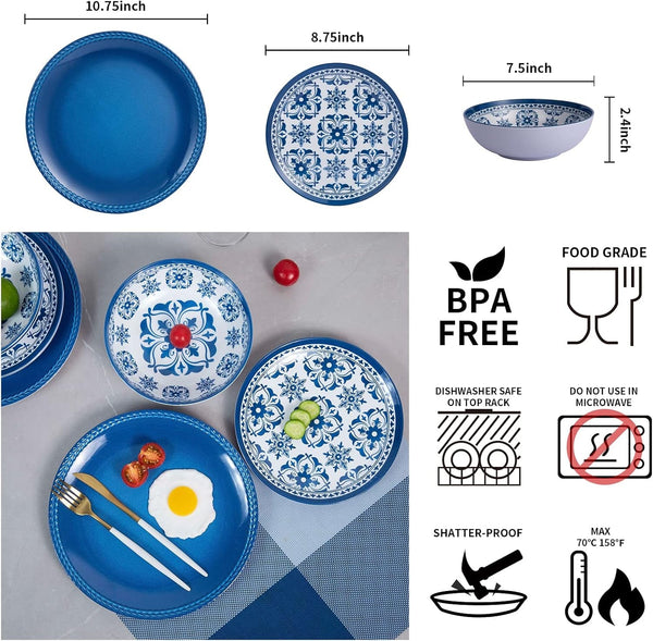 Melamine Dinnerware Set -12Pcs Outdoor and Indoor Plates and Bowls Set ,Service for 4, Dishwasher Safe, Blue Flower2
