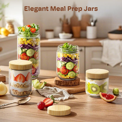 10 Oz Overnight Oats Containers with Bamboo Lids, Glass Mason Jars 4 Pack4