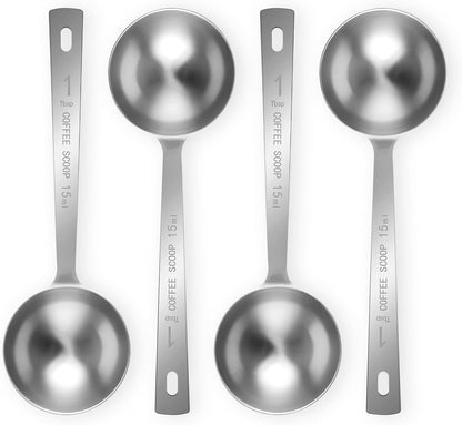4Pcs 1 Tbsp 15Ml Stainless Steel Long Handle Coffee Measuring Scoop | Stainless Steel, Precise 1 Tbsp Measure, Long Handle, for Ground Coffee Tea Spice Powder, Dishwasher Safe, Multi-Use Scoop1