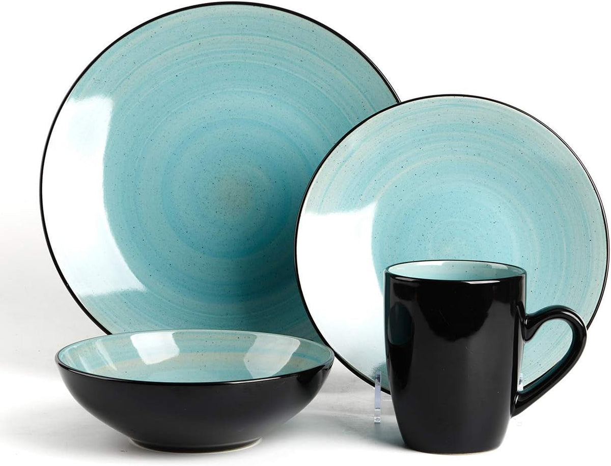 sonoma-16-piece-stoneware-dinner-set-samoa-outside-black-inside-hand-painted-combi-colors-of-grey-orange-purple-and-turquoise-with-speckle