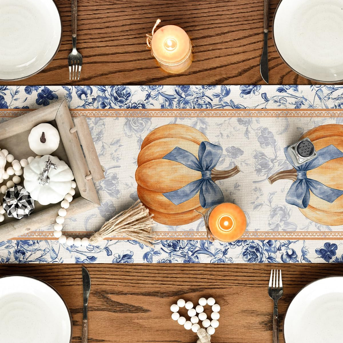 210-gsm-fall-table-runner-home-party-decor-13x72-inch-orange-pumpkin-bow-blue-white-porcelain-seasonal-kitchen-dining-table-decoration