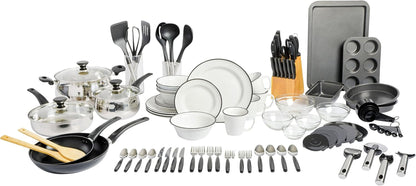 95 Piece Kitchen in a Box Pots and Pans Cookware, Plates and Bowls Dinnerware, Cutlery Knife Block, Flatware Utensils, Tools & Gadgets, Storage, Glasses Set1