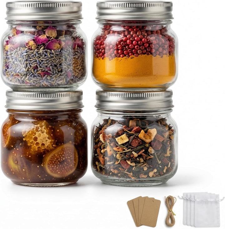 8 Oz Mason Jars with Airtight Silver Lids - 4 Pack Small Glass Jars - Thickened Wide Mouth Canning Jars for Spell Jars, Candle Making, Premium Spices & Bathroom Vanity Decor