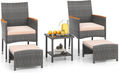 5 Pieces Patio Conversation Set, Outdoor PE Rattan Chairs with Soft Cushions, Ottomans & Tempered Glass Top Table, Acacia Wood Armrests, Patio Furniture Set (Mix Grey+Beige)1