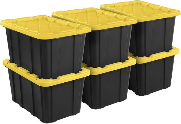 6-Pack 27-Gallon Industrial Totes - Rugged Black & Yellow Plastic Storage Bins with Secure Snap-On Lids, Stackable Design for Garage, Warehouse or Workshop Organization1