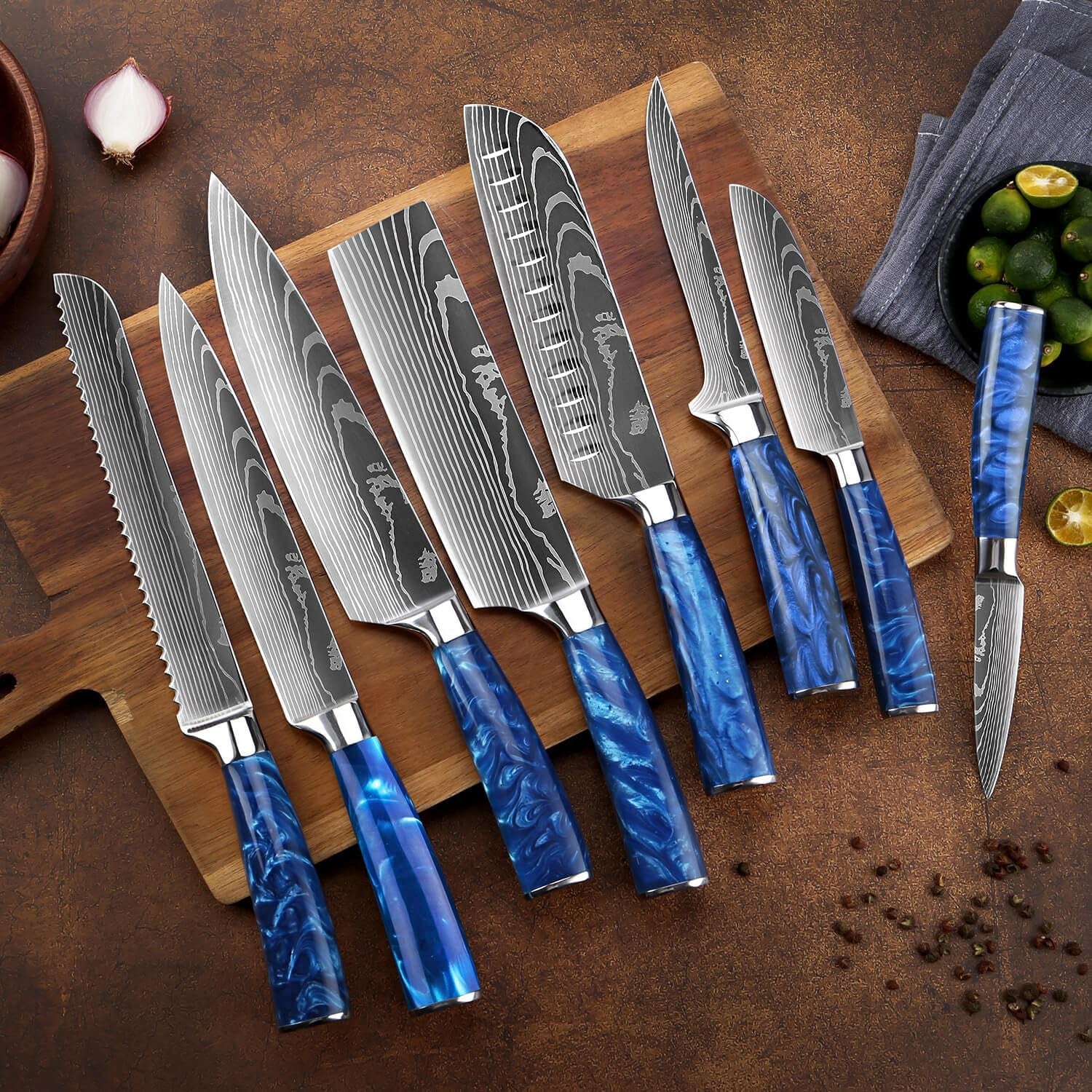 senken-8-piece-japanese-knife-set-blue-resin-handle-laser-damascus-blades-chefs-santoku-bread-paring-knives
