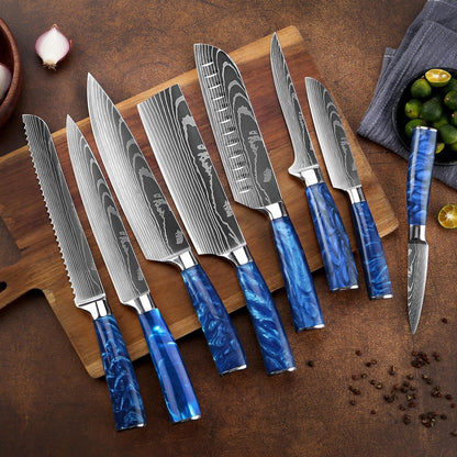 SENKEN 8-Piece Japanese Knife Set - Blue Resin Handle, Laser Damascus Blades - Chef'S, Santoku, Bread & Paring Knives2