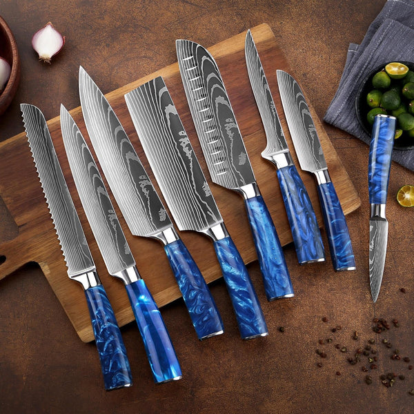 SENKEN 8-Piece Japanese Knife Set - Blue Resin Handle, Laser Damascus Blades - Chef'S, Santoku, Bread & Paring Knives2