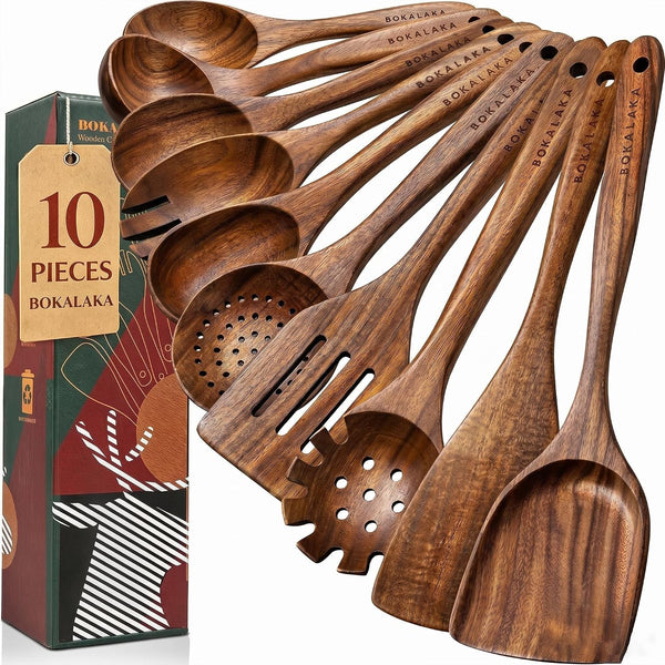 Wooden Spoons for Cooking,10 Pcs Natural Teak Wooden Kitchen Utensils Set Wooden Utensils for Cooking Wooden Cooking Utensils Wooden Spatulas for Cooking (10)1