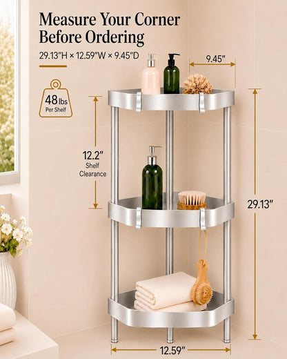 3-Tier Freestanding Aluminum Corner Shower Caddy with 4 Aluminum Hooks2