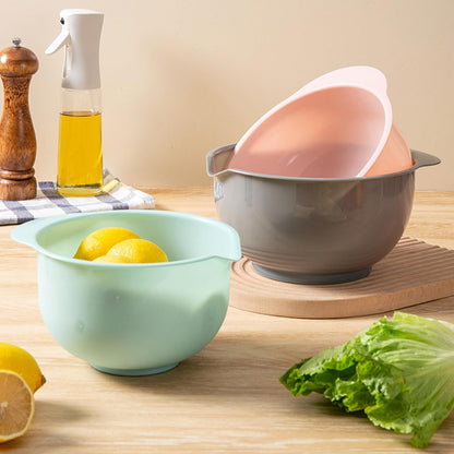 Set of 3 Mixing Bowls with Pour Spout-Nesting Design Saves Space - Non-Slip, BPA Free, Dishwasher Safe Plastic - Kitchen Cooking and Baking Supplies (Green Pink Grey)4