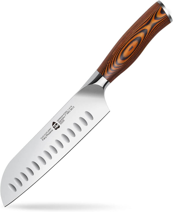 Santoku Knife, 7 Inch Japanese Chef Knife for Vegetable Chopping & Meat Dicing, High Carbon German Steel, Ergonomic Handle - Fiery Phoenix Series4