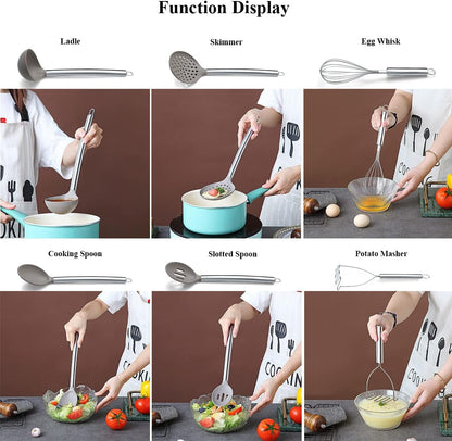 38 Piece Silicone Kitchen Cooking Utensils Set with Utensil Rack, Silicone Head and Stainless Steel Handle Cookware, Kitchen Tools for Utensil Sets, Non-Stick Kitchen Gadgets, Dishwasher Safe(Silver)6