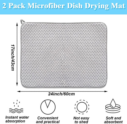 2 Pack Microfiber Dish Drying Mat,24*17 Inch Absorbent Dish Drainer Kitchen Counter,Large Size Dish Drying Pad for Countertops,Sinks,Draining Racks(Gray)2