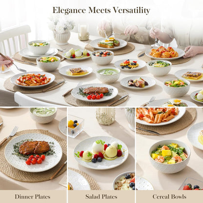 24-Piece Farmhouse Dinnerware Set for 8, Embossed White Stoneware Plates and Bowls Sets, Vintage Relief Ceramic Dish Set, Chip-Resistant, Microwave & Dishwasher Safe8