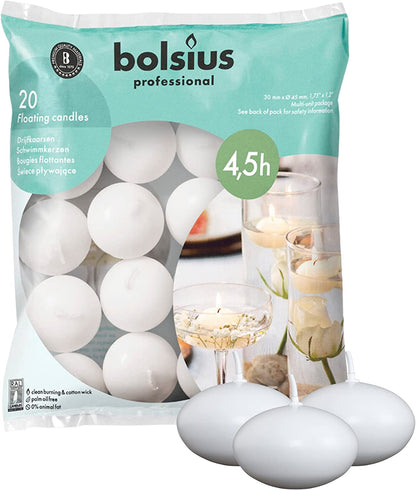 White Floating Candles 1.75 Inch, 20 Pack Candle Set – 4,5 Hours Burn Time – Premium European Quality – Smokeless & Dripless Smooth Flame – 100% Cotton Wick – Beach, Wedding, & Party Accessory1