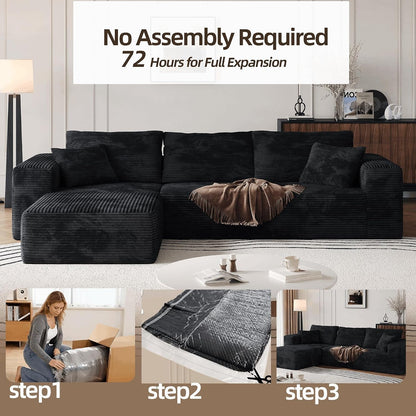 Boneless Sectional Couch Black L Shape Sofa Ottoman with Recliner Bed Memory Foam Modular Cloud No Bones in a Box Boundless Comfort for Living Room Compression Corduroy Fabric Deep Seat Easy Assembly5