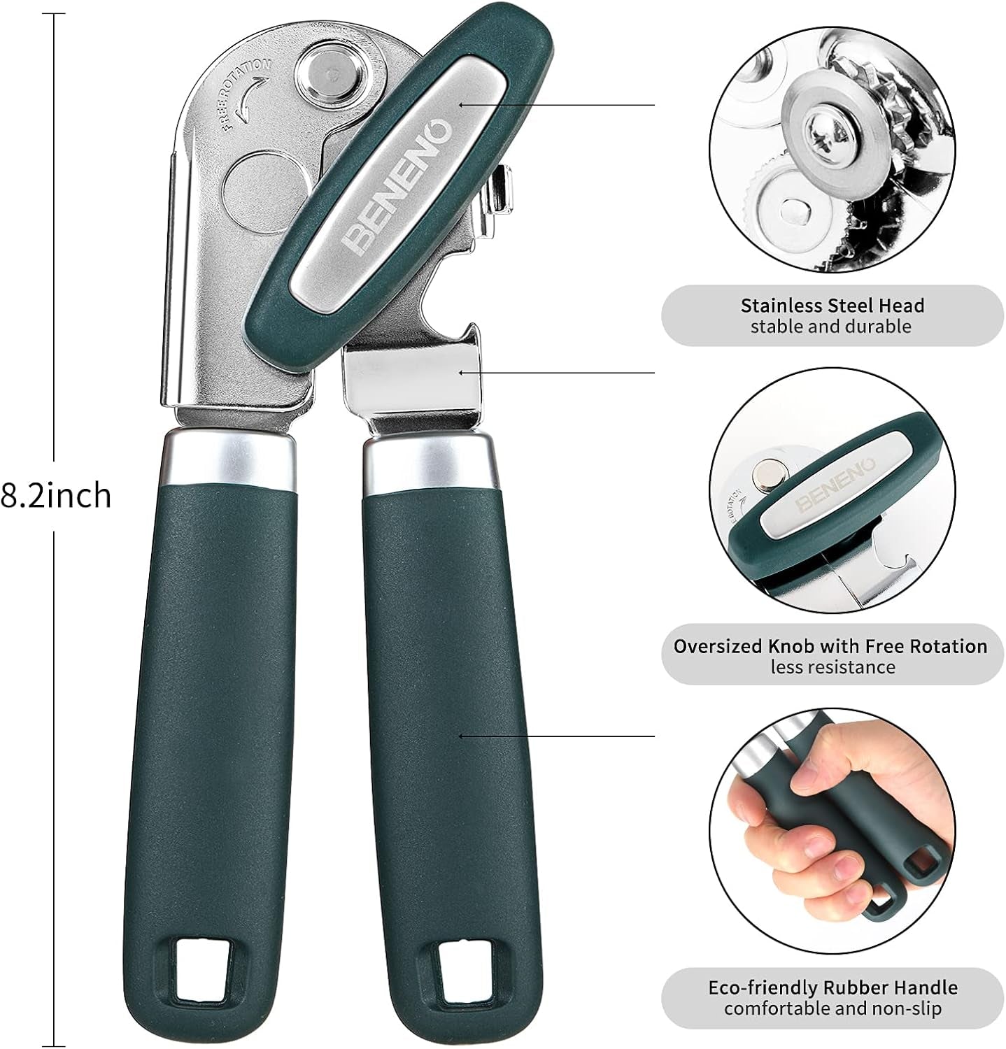 heavy-duty-hand-can-opener-manual-with-magnet-lid-remover-green-razor-sharp-carbon-steel-blade-precise-smooth-cutting-gear-big-effort-saving-knob-soft-grip-handle-built-in-bottle-opener