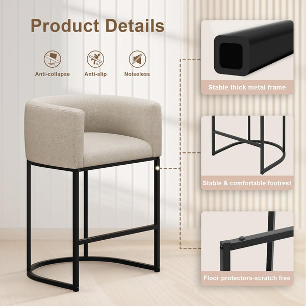 26" H Counter Height Bar Stools Set of 2, Modern Barrel Counter Stools with Backrest and Arms, Linen Fabric Upholstered Accent Barstools for Kitchen Island,Support 450 LBS (Beige)5
