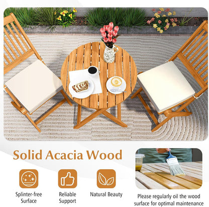 3 Pieces Acacia Wood Patio Folding Bistro Set, Outdoor Table and Chairs Set with Soft Cushions, Patio Furniture Set for Porch, Balcony, Garden, Deck and Backyard5