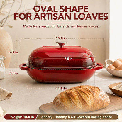 Enameled Cast Iron Bread Oven, Oval Sourdough Dutch Oven & Lid | High Dome Traps Steam for Better Rise & Crisp Crust; Oval Fit for Batards; 500°F Safe, Pfas-Free Enamel, Side Handles.6
