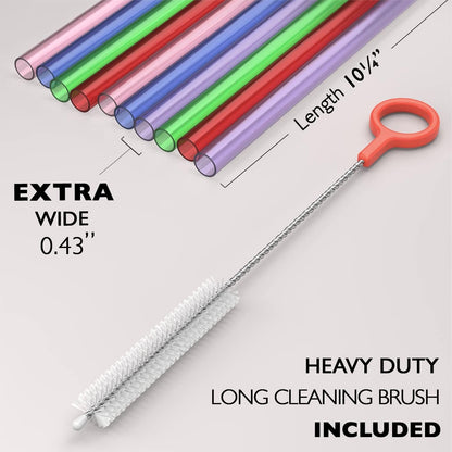 10 EXTRA WIDE Long Reusable Hard Plastic Drinking Straws + Cleaning Brush - Fat Thick Large Jumbo Straws for Smoothies, Milkshakes, Thick Drinks - Assorted - Dishwasher Safe BPA Free2