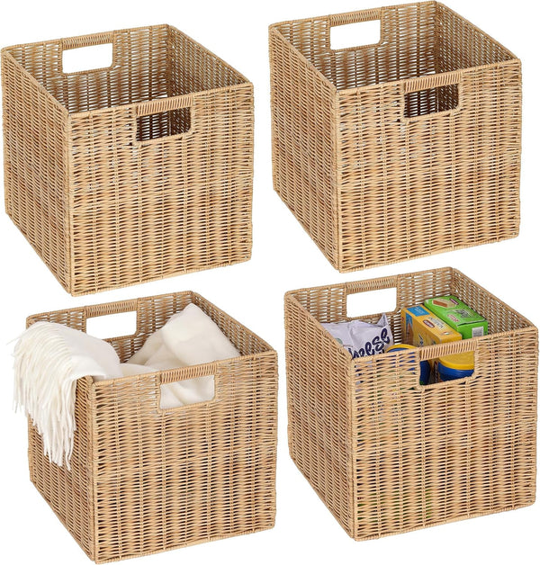 12X12Inch Plastic Wicker Cube Baskets Large Foldable Handwoven,4 Pack,Khaki1