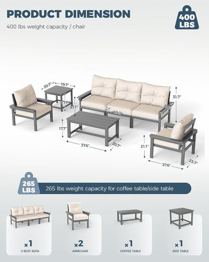 HDPE Outdoor Patio Furniture Set, Grey Frame & Beige Cushions2