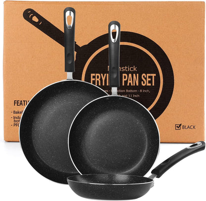 Frying Pan 3-Piece Set, Nonstick Skillet Set for Induction Cooktop, Frying Pan Nonstick 8 Inch+9.5 Inch +11 Inch (Black)1