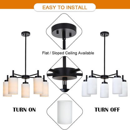5 Light Modern Chandeliers Black Finish Pendant Lighting Fixtures with Opal White Glass Shade Rustic Ceiling Hanging Lights for Living Room Dining Room Kitchen Island8