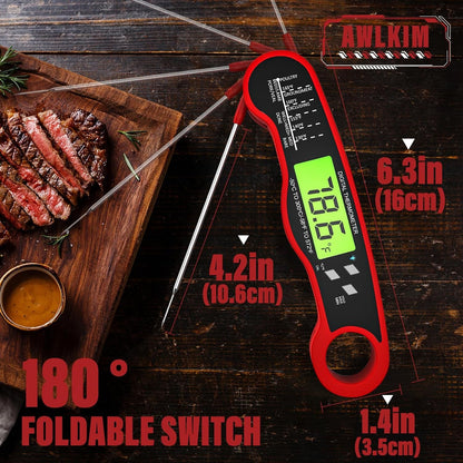 Meat Thermometer Digital, Instant Read Food Thermometer, Red | Waterproof Cooking Thermometer with Doneness Chart, Backlight, F/C Switch for BBQ, Candy, Oil3