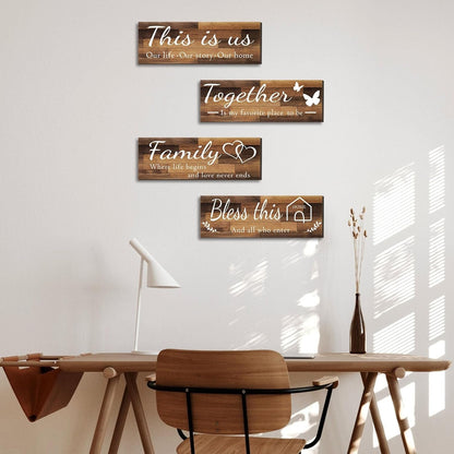 4 Pieces Home Wall Signs, THIS IS US/TOGETHER/BLESS THIS HOME/FAMILY Wall Decor for Living Room Bedroom, Rustic Wooden Farmhouse Wall Art , 4.7 X 13.8 Inch(Brown)7