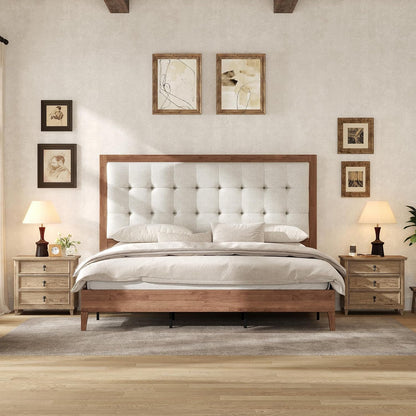 Solid Wood King Bed Frame 50.2" Upholstered Headboard, Walnut3