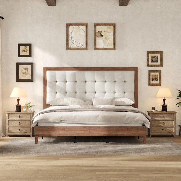 Solid Wood Queen Bed Frame 50.2" Upholstered Headboard, Walnut3