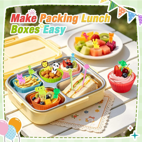 80PCS Silicone Lunch Box Dividers Kit, Cute Lunchbox Bento Box Accessories | 20PCS Reusable Silicone Cupcake Liners, Muffin Baking Cups, 60PCS Fun Animal Food Picks for Kids Boys Girls, School Supplies3
