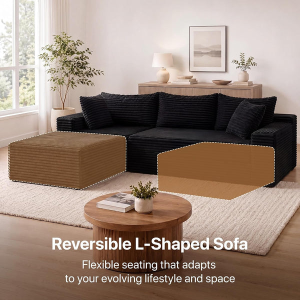 94" Boneless Couch, L-Shape Corduroy Sectional Sofa, Black6