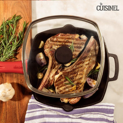 Cast Iron Square Grill Pan + Glass Lid + Pan Scraper + Handle Cover - 10.5" Pre-Seasoned Ridged Skillet - Grill, Stovetop, Fire, Indoor/Outdoor Use - for Grilling, Frying, Sauteing5