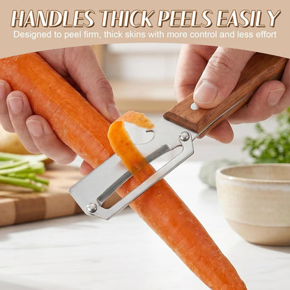 2026 Upgrade Vegetable Peeler with Wooden Handle, Stainless Steel Wide Blade Potato and Carrot Peeler, 3-In-1 Veggie Peeler with Scallion Shredder and Bottle Opener for Kitchen, Camping and Travel4
