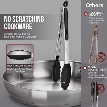 Kitchen Tongs for Cooking, 3 Tongs 7", 9", 12" + Oil Brush, Heat Resistant 600°F, Non-Slip Silicone Tips, Heavy Duty Metal Locking Tongs, Black, Salad, BBQ Grill, Pasta Silicone Tongs, Dishwasher Safe4