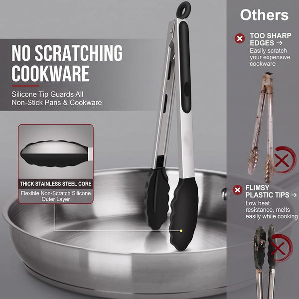Kitchen Tongs for Cooking, 3 Tongs 7", 9", 12" + Oil Brush, Heat Resistant 600°F, Non-Slip Silicone Tips, Heavy Duty Metal Locking Tongs, Black, Salad, BBQ Grill, Pasta Silicone Tongs, Dishwasher Safe4
