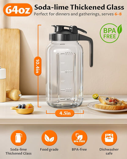 64Oz Mason Jar Pitcher, Glass Pitcher with Lid for Tea & Cold Brew | Mason Jar, BPA Free, Leakproof, Fridge/ Dishwasher Safe, Ergonomic Handle, Flip-Cap Pour Spout, Wide Mouth, Versatile3