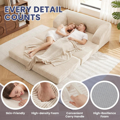 Convertible Sofa Bed, 3-In-1 Foldable Loveseat Couch with Armrest, Corduroy Floor Sofa & Sleeper Bed, No Assembly High-Density Foam Futon Mattress for Living Room, Small Apartment, Dorm4